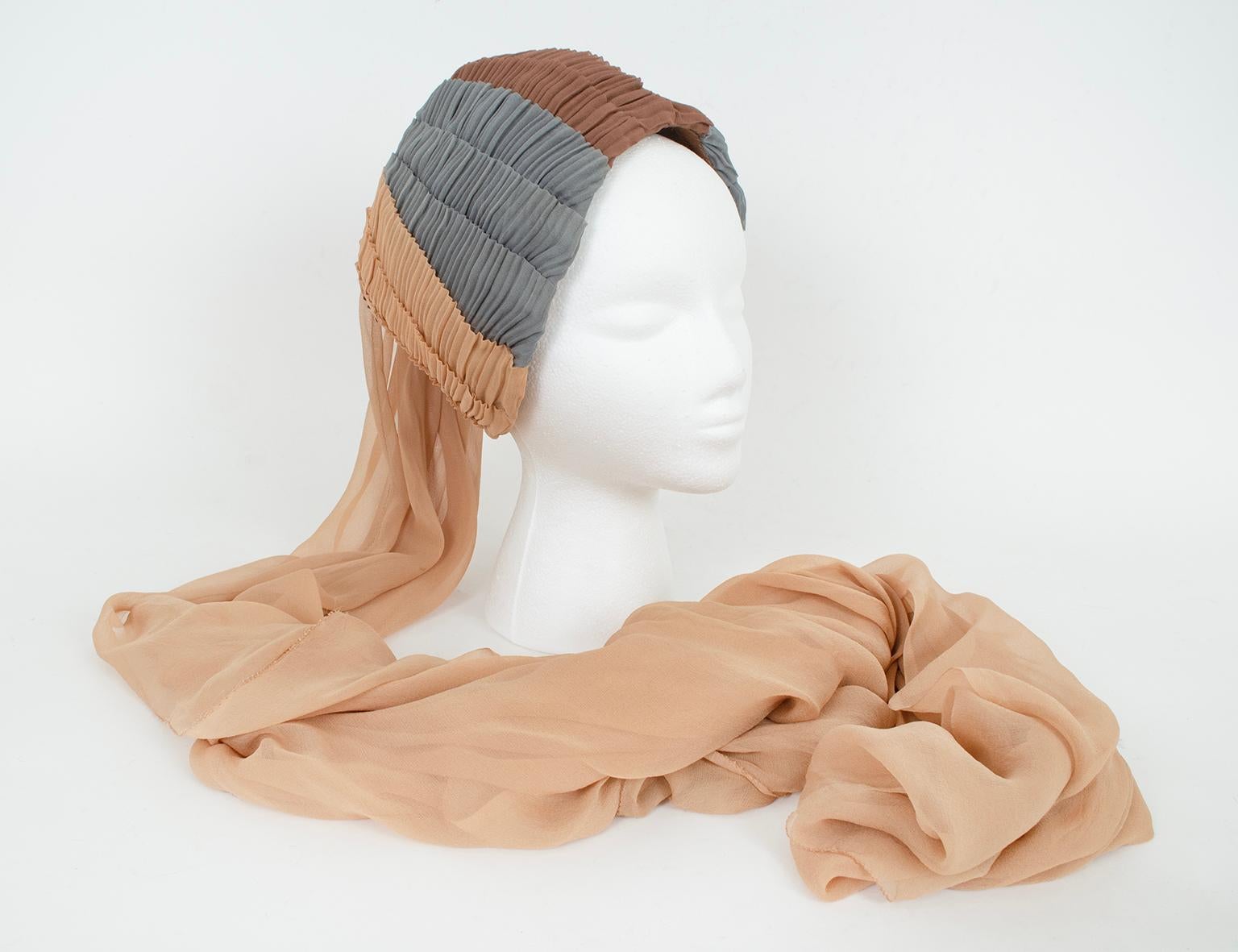 Suzy Lee Nude Silk 1001 Nights Genie Turban Cloche Hat w 5 ½’ Train – M, 1960s 4