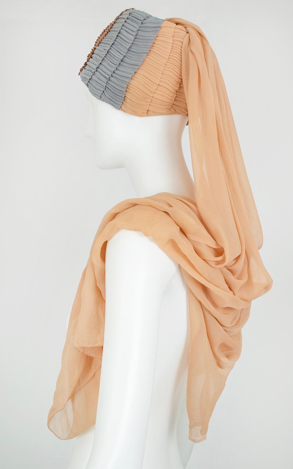 Women's Suzy Lee Nude Silk 1001 Nights Genie Turban Cloche Hat w 5 ½’ Train – M, 1960s