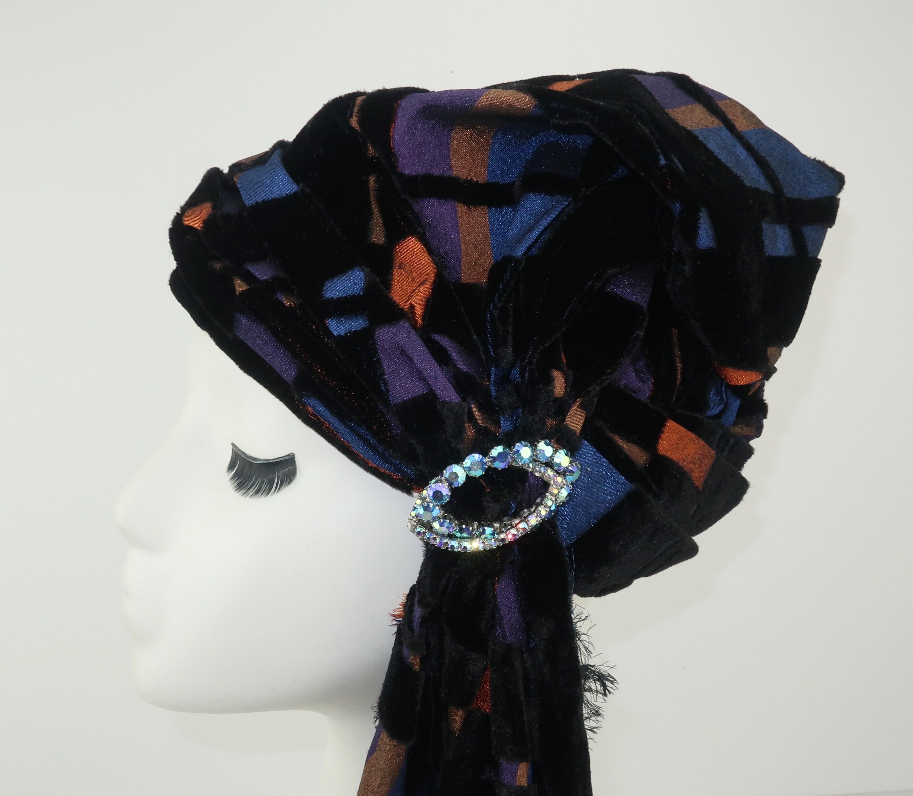 Black Suzy Lee Turban Style Cut Velvet Plaid Hat