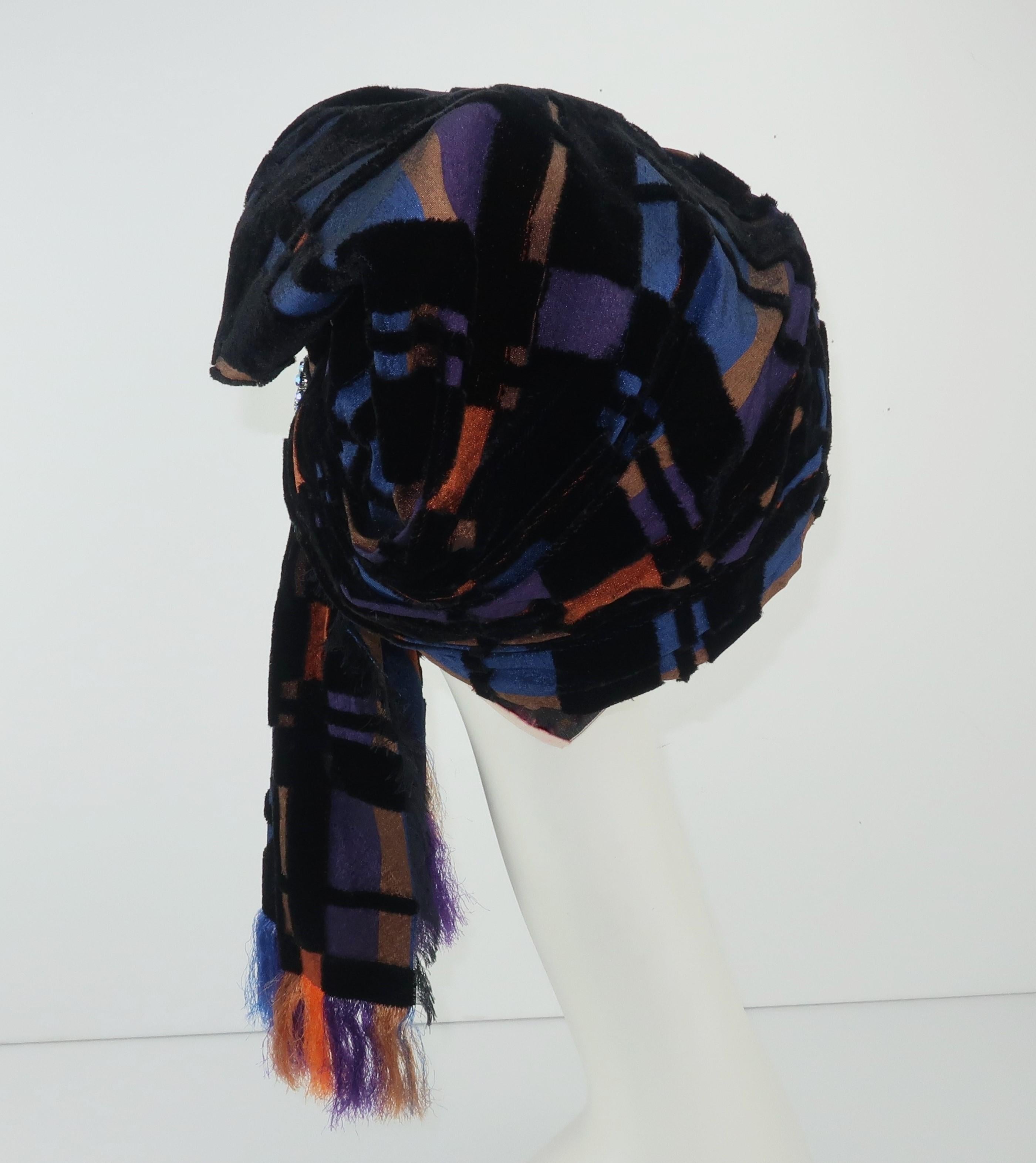 Suzy Lee Turban Style Cut Velvet Plaid Hat In Good Condition In Atlanta, GA