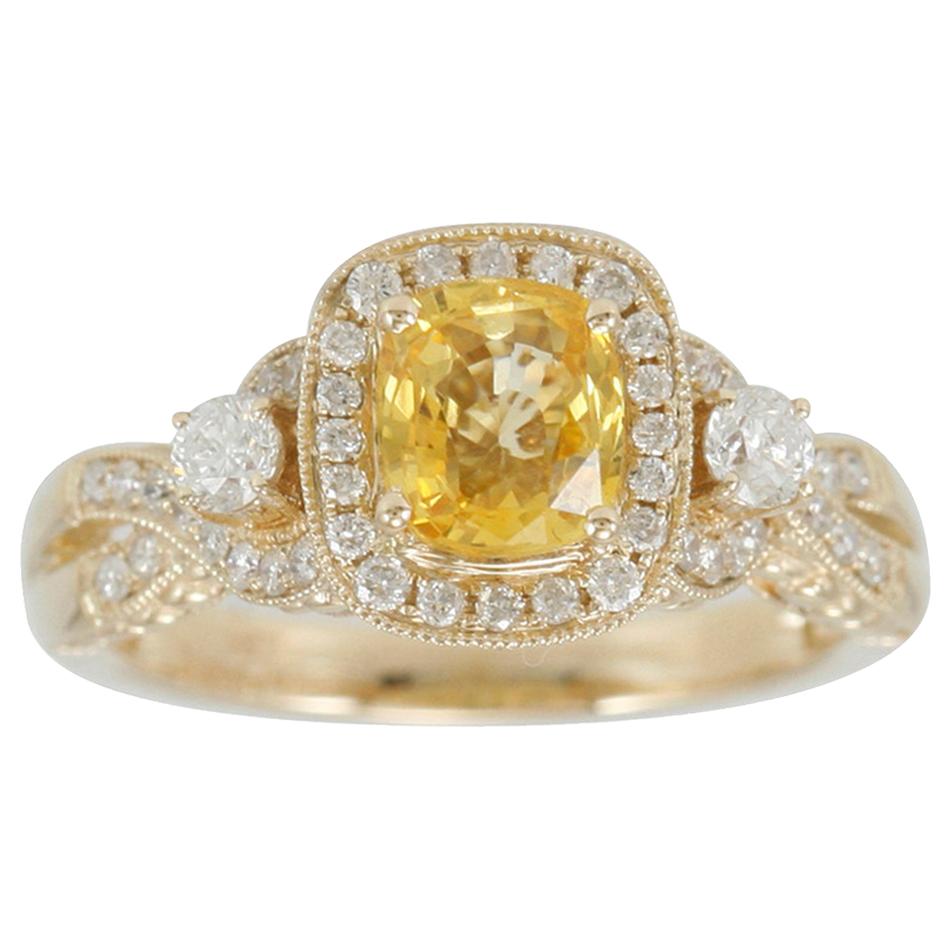 Suzy Lev 14 Karat Yellow Gold Cushion-Cut Yellow Sapphire and Diamond Ring For Sale