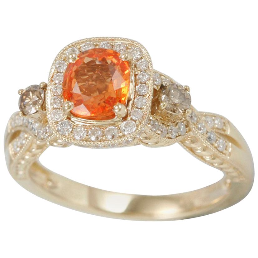 Suzy Levian 14 Karat Gold Cushion-Cut Orange Sapphire and Brown Diamond Ring