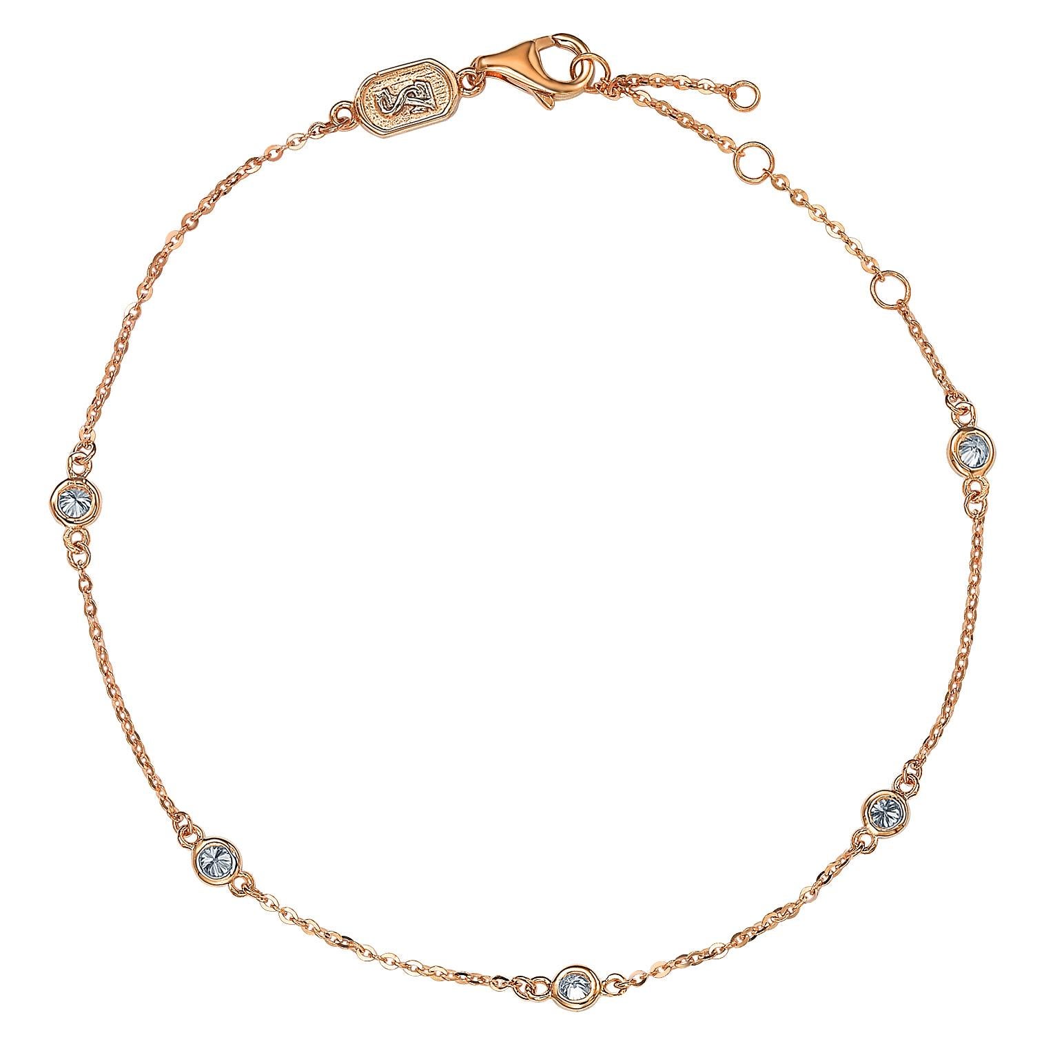 This elegant bracelet features a five round-cut diamonds on a thin 14 karat rose gold chain. A high polish finish completes the look.

White Diamonds
Diamonds: Five
Diamond cut: Round
Diamond weight: 1/4 carats
Color: G-H
Clarity: SI1-SI2
Setting: