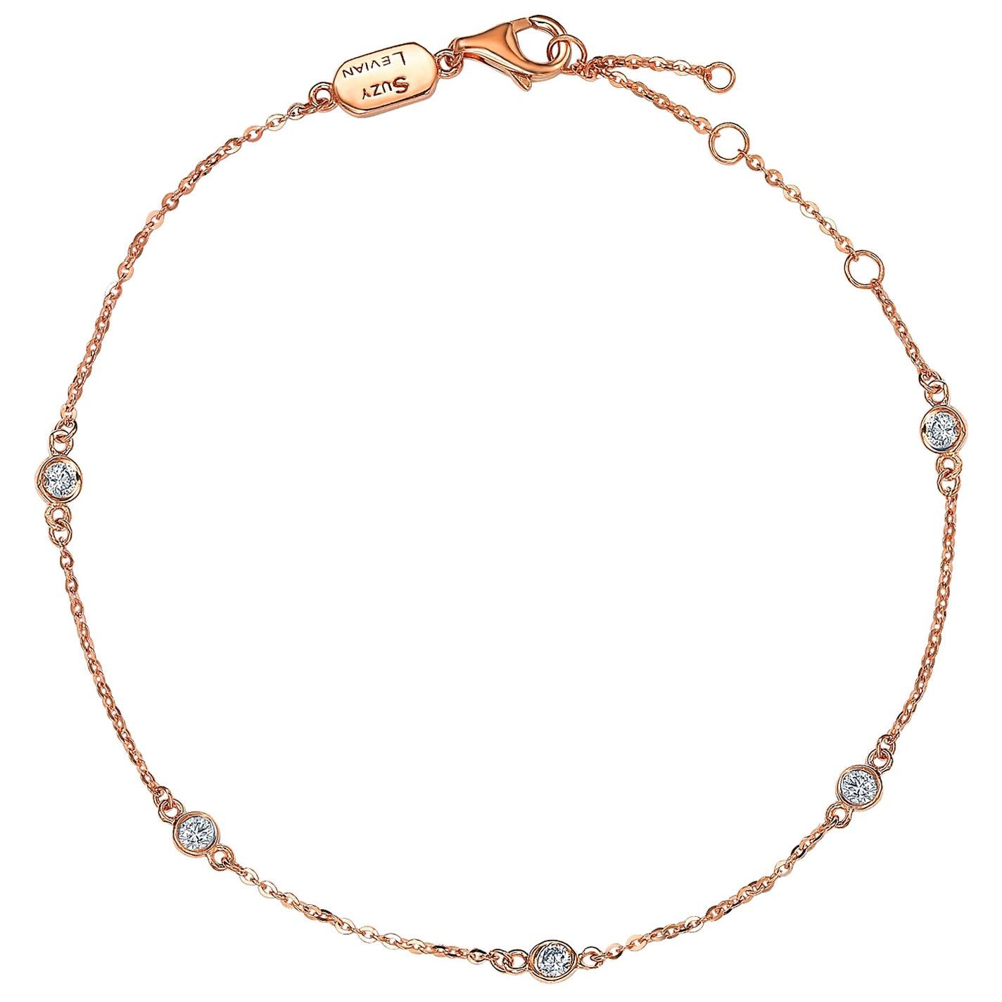 Suzy Levian 14 Karat Rose Gold 0.25 Carat White Diamond Station Chain Bracelet