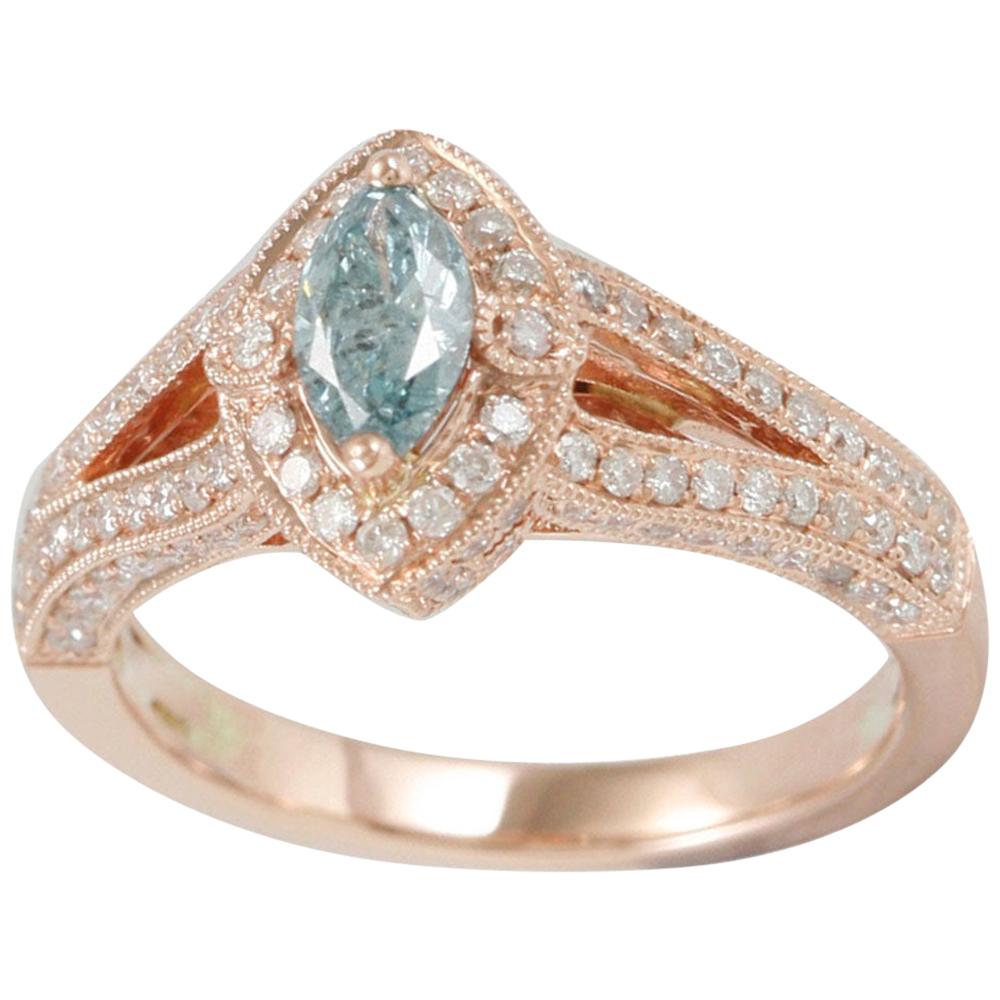 Bague marquise Suzy Levian en or rose 14 carats, diamants bleus et blancs en vente