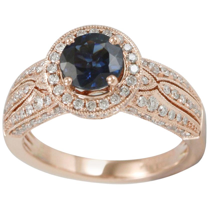 Suzy Levian 14 Karat Rose Gold Kancha Sapphire with White Diamond Ring For Sale