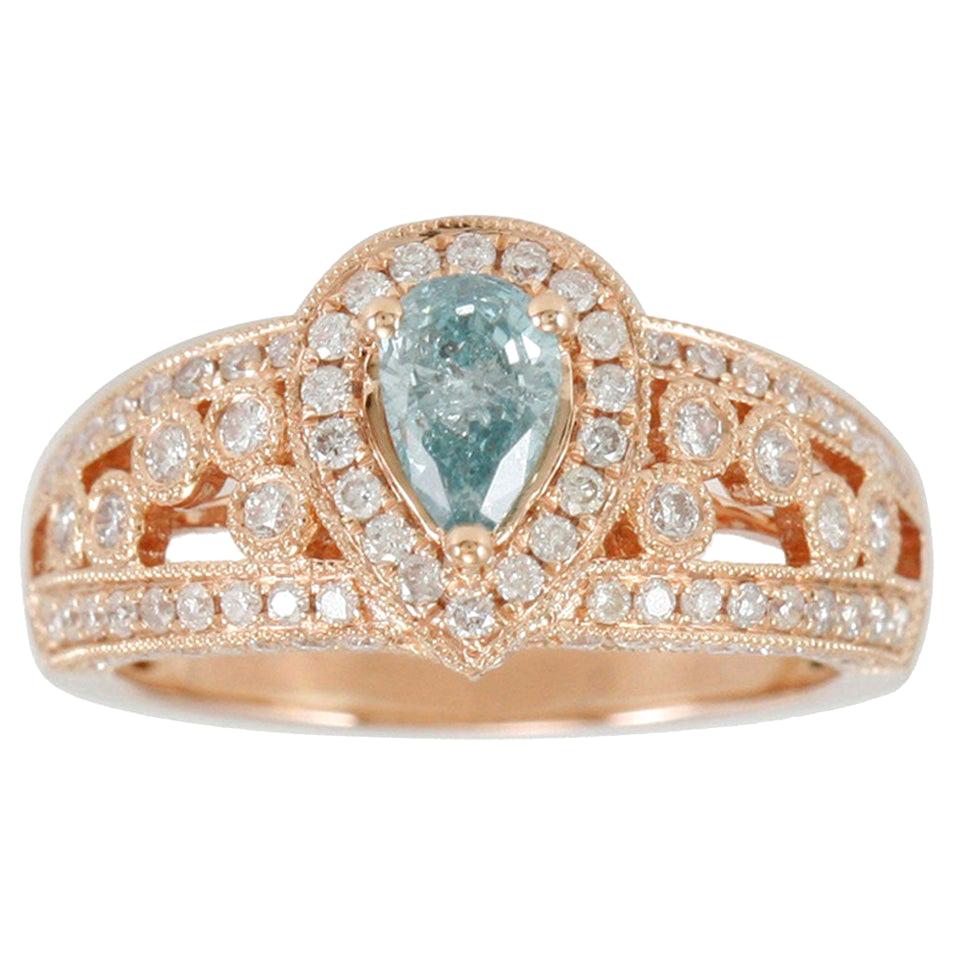 Suzy Levian 14 Karat Rose Gold Light Blue Pear-Cut and White Diamond Ring