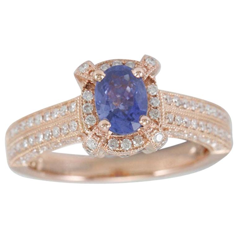 Suzy Levian 14 Karat Rose Gold Oval-Cut Ceylon Sapphire and Diamond Ring For Sale