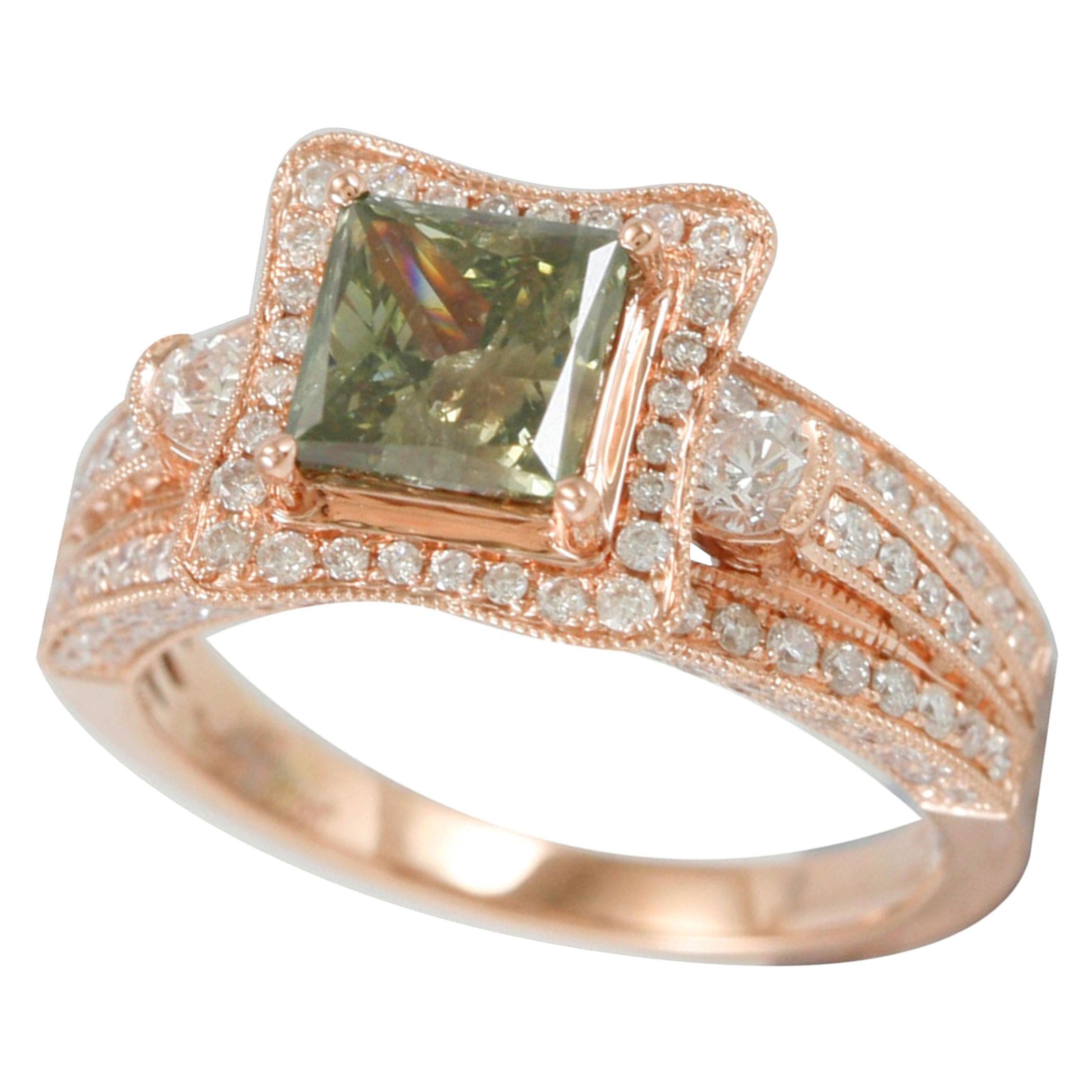 Suzy Levian 14 Karat Rose Gold Princess Cut Green and White Diamond Bridal Ring