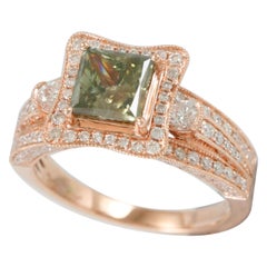 Suzy Levian 14 Karat Rose Gold Princess Cut Green and White Diamond Bridal Ring