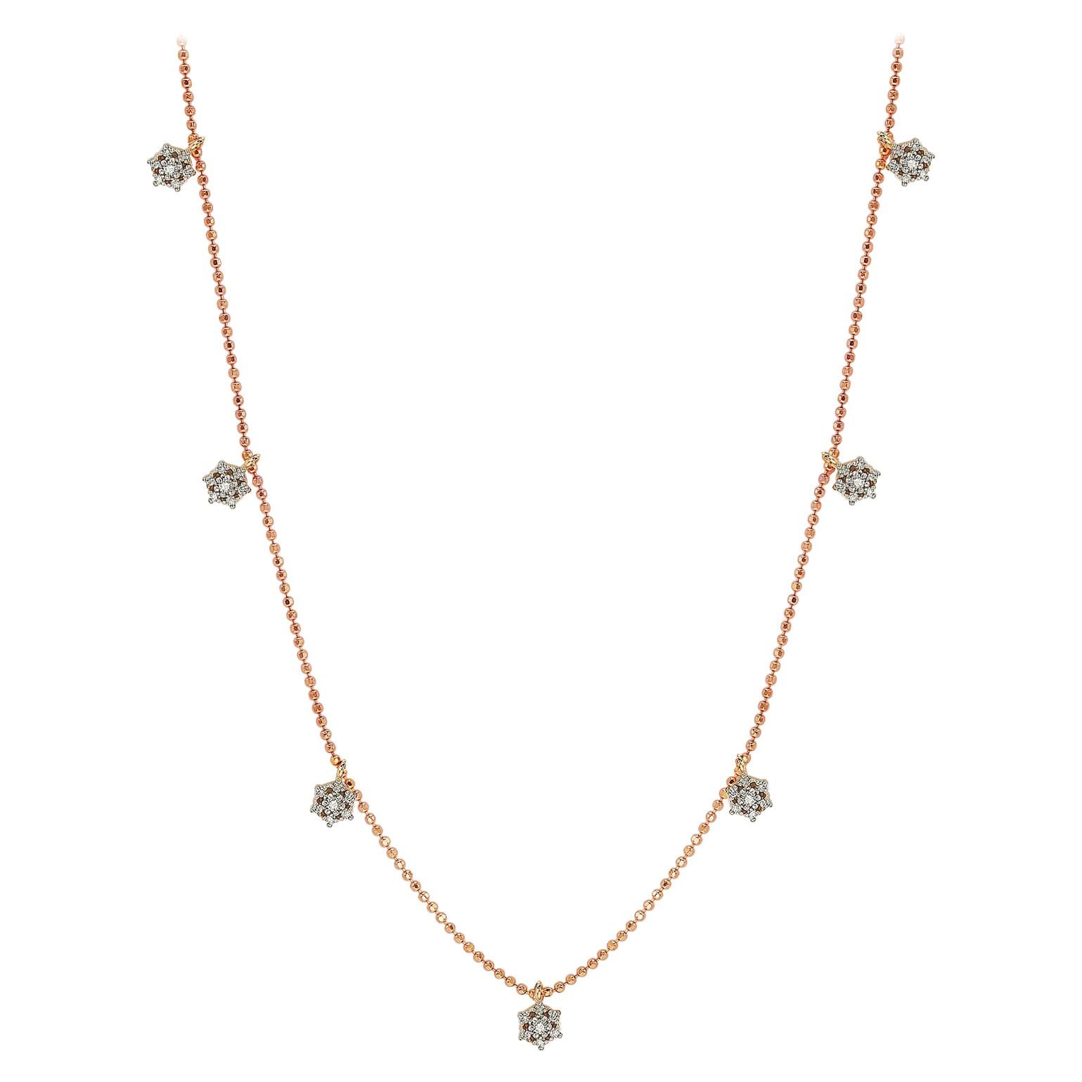 Suzy Levian 14 Karat Rose Gold White Diamond Flower Station Necklace For Sale