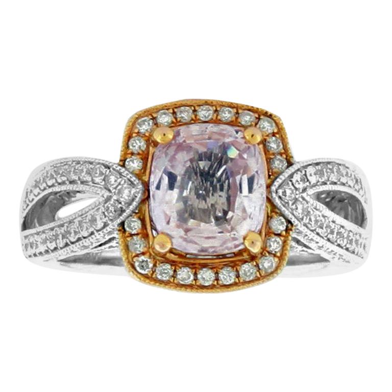 Suzy Levian 14 Karat Two-Tone Gold White Diamond and Cushion-Cut Morganite Ring