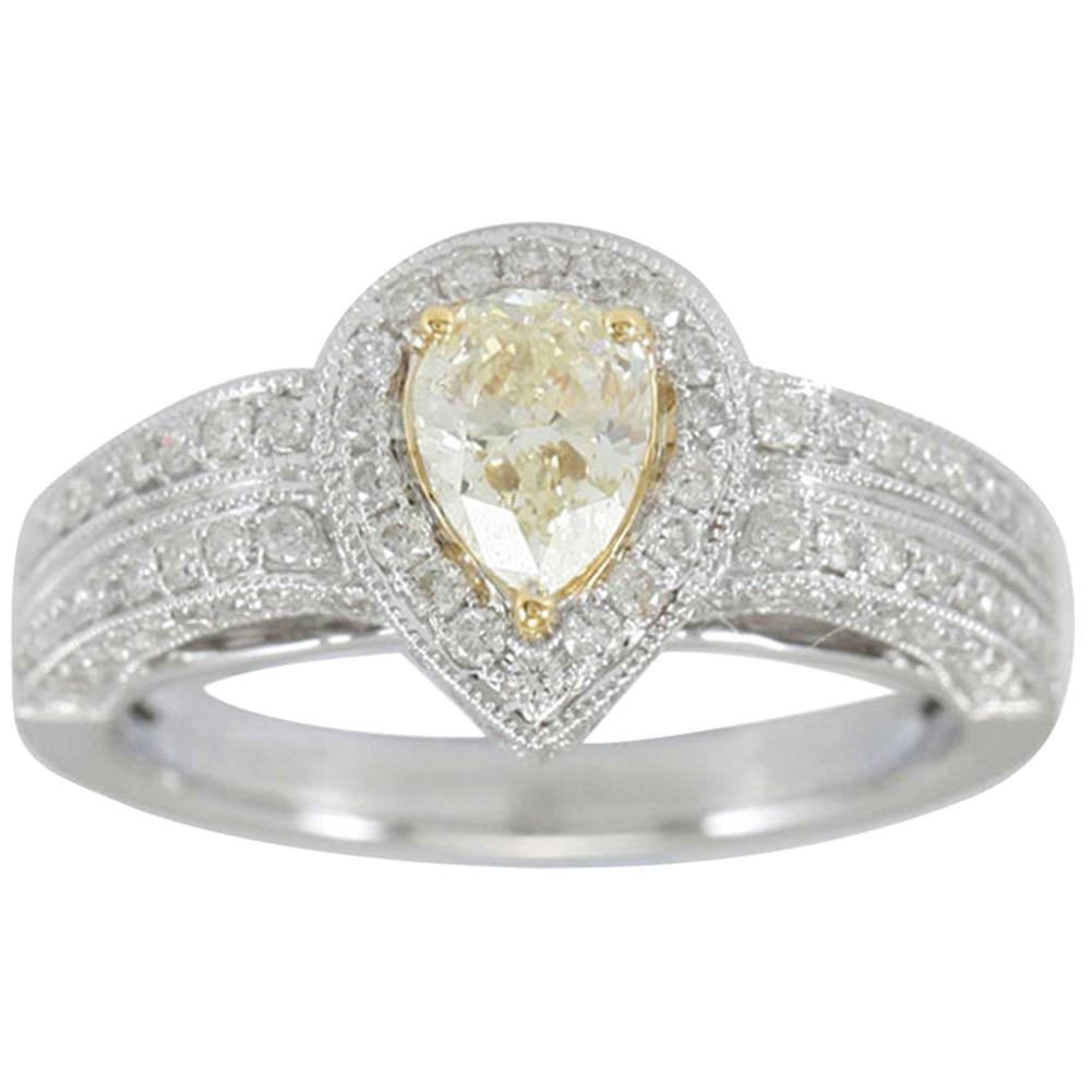Suzy Levian 14 Karat Two-Tone White and Yellow Gold Pear-Cut Yellow Diamond Ring
