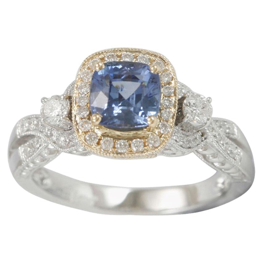 Suzy Levian 14 Karat Two-Tone White and Yellow Gold Round Blue Sapphire Ring