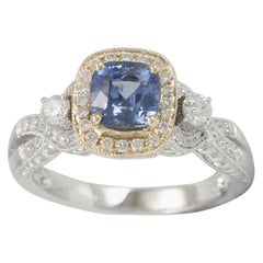 Suzy Levian 14 Karat Two-Tone White and Yellow Gold Round Blue Sapphire Ring