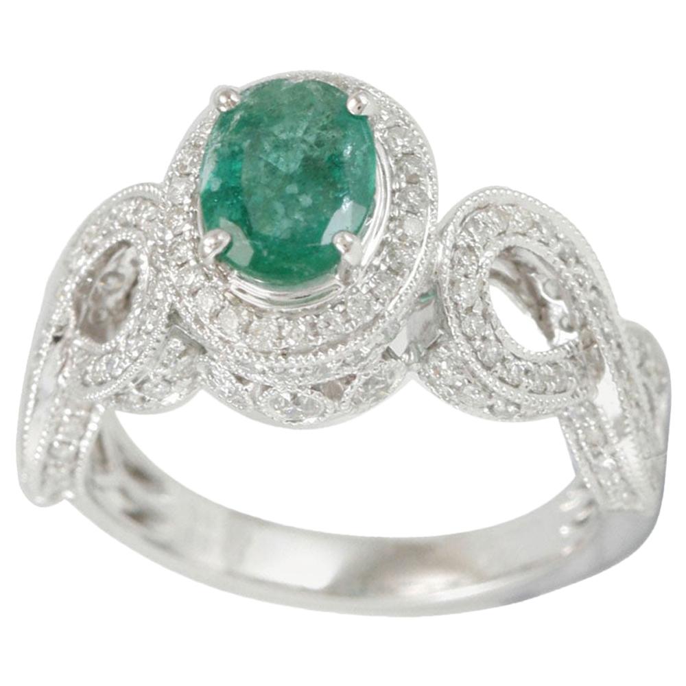 Suzy Levian 14 Karat White Colombian Green Emerald Diamond Ring