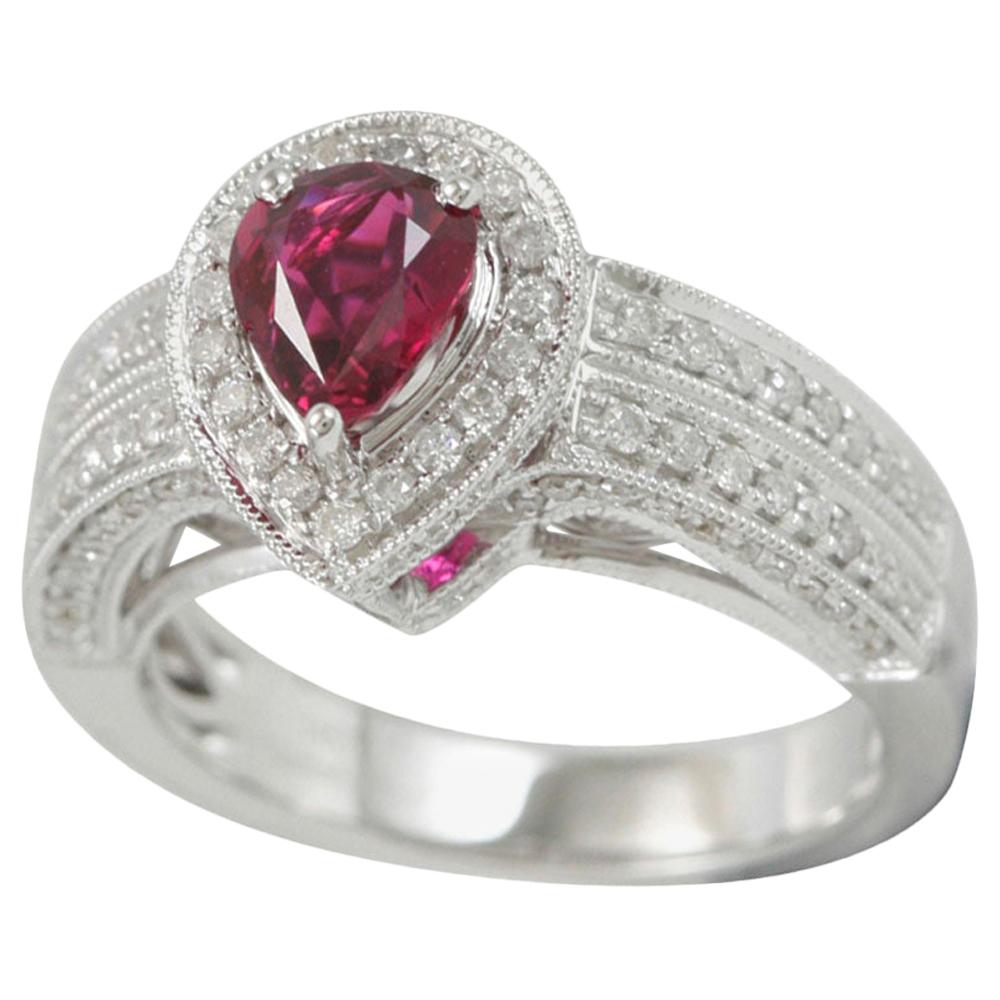 Suzy Levian 14 Karat White Gold 1.79 Carat Pear-Cut Ruby and Diamond Ring For Sale