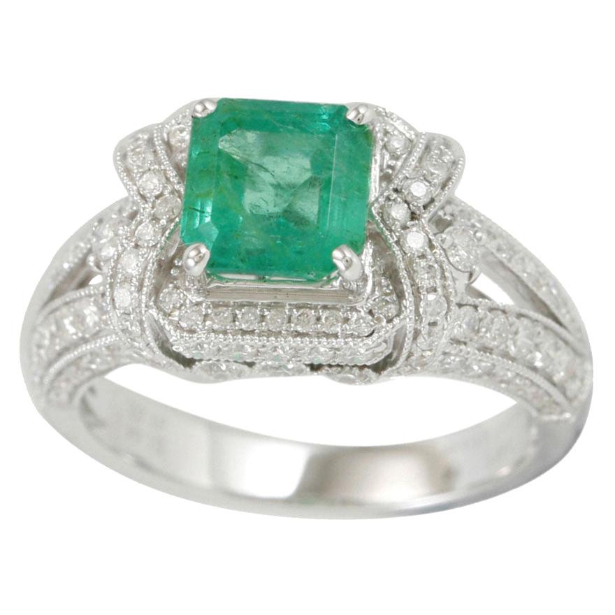 Suzy Levian 14 Karat White Gold Colombian Emerald Diamond Ring