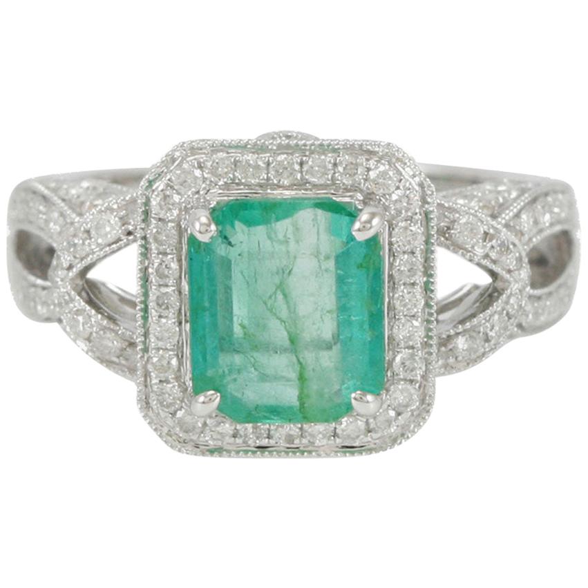 Suzy Levian 14 Karat White Gold Colombian Emerald White Diamond Engagement Ring