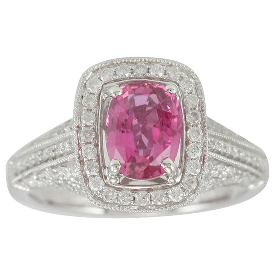 Suzy Levian 14 Karat White Gold Cushion-Cut Ceylon Pink Sapphire Diamond Ring For Sale