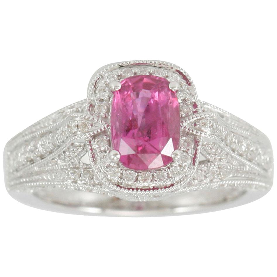 Suzy Levian 14 Karat White Gold Cushion-Cut Pink Sapphire and Diamond Ring For Sale