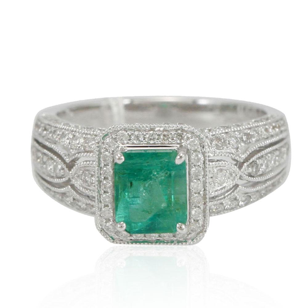 Contemporary Suzy Levian 14 Karat White Gold Emerald-Cut Colombian Emerald and Diamond Ring