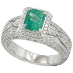 Suzy Levian 14 Karat White Gold Emerald-Cut Colombian Emerald and Diamond Ring