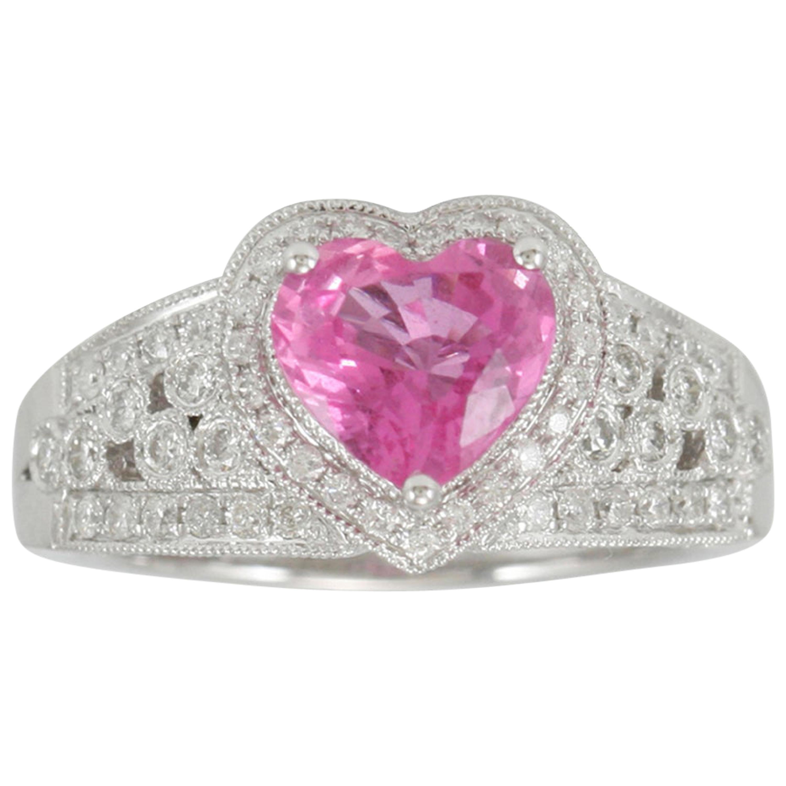 Suzy Levian 14 Karat White Gold Heart-Cut Ceylon Pink Sapphire and Diamond Ring