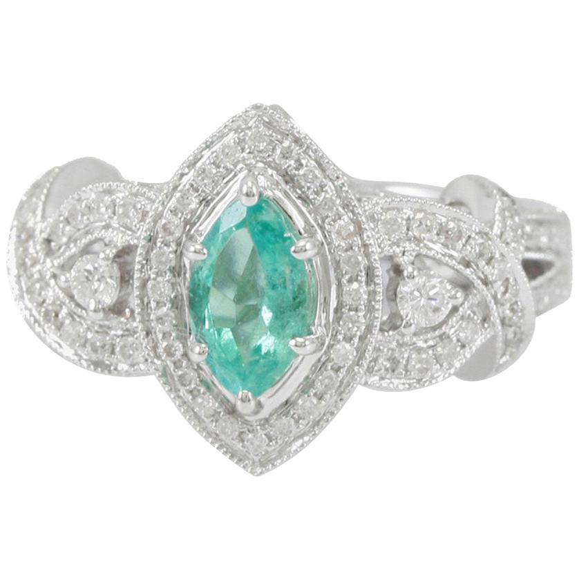 Suzy Levian 14 Karat White Gold Marquise-Cut Colombian Emerald Ring For Sale