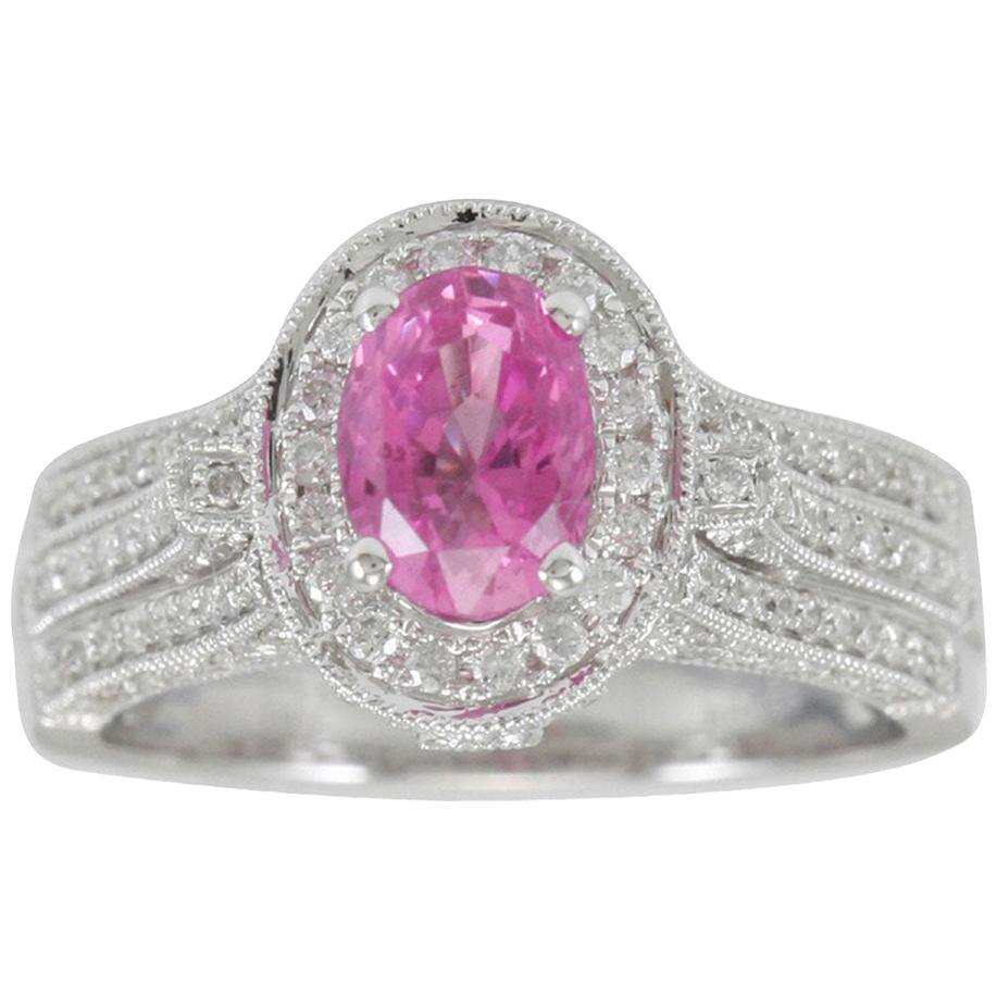 Suzy Levian 14 Karat White Gold Oval Ceylon Pink Sapphire and Diamond Ring