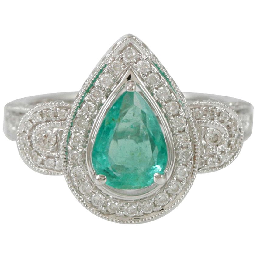 Suzy Levian 14 Karat White Gold Pear-Cut Colombian Emerald Ring