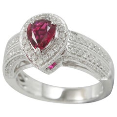 Suzy Levian 14 Karat White Gold Pear-Cut Ruby and White Diamond Engagement Ring