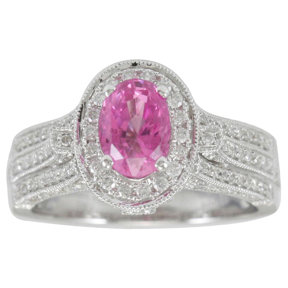 Suzy Levian Bague en or blanc 14 carats avec saphir de Ceylan rose et diamants de 2,43 carats en vente