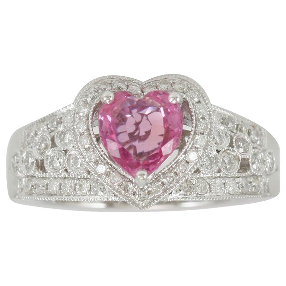 Suzy Levian 14 Karat White Gold Pink Ceylon Sapphire Heart and Diamond Ring For Sale