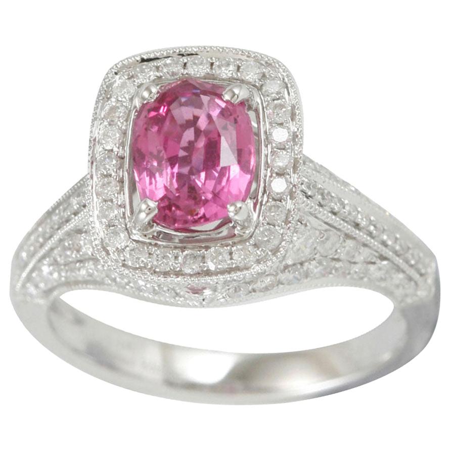 Suzy Levian 14 Karat White Gold Pink Cushion Cut Sapphire White Diamonds Ring For Sale