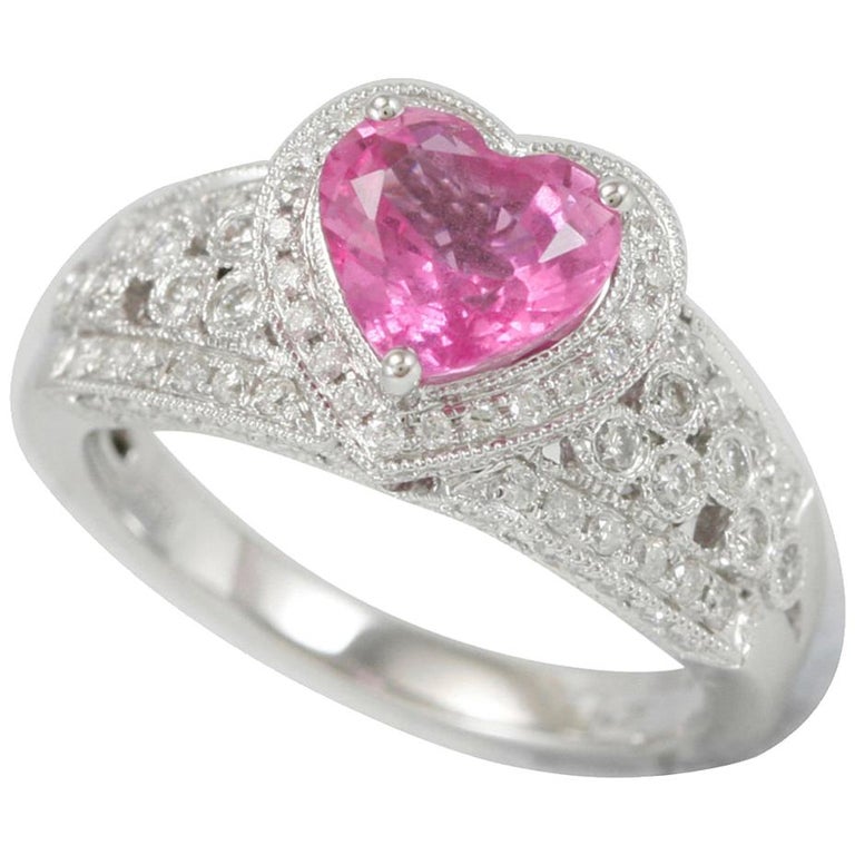 Suzy Levian 14 Karat White Gold Pink Heart Ceylon Sapphire And Diamond Ring For Sale At 1stdibs