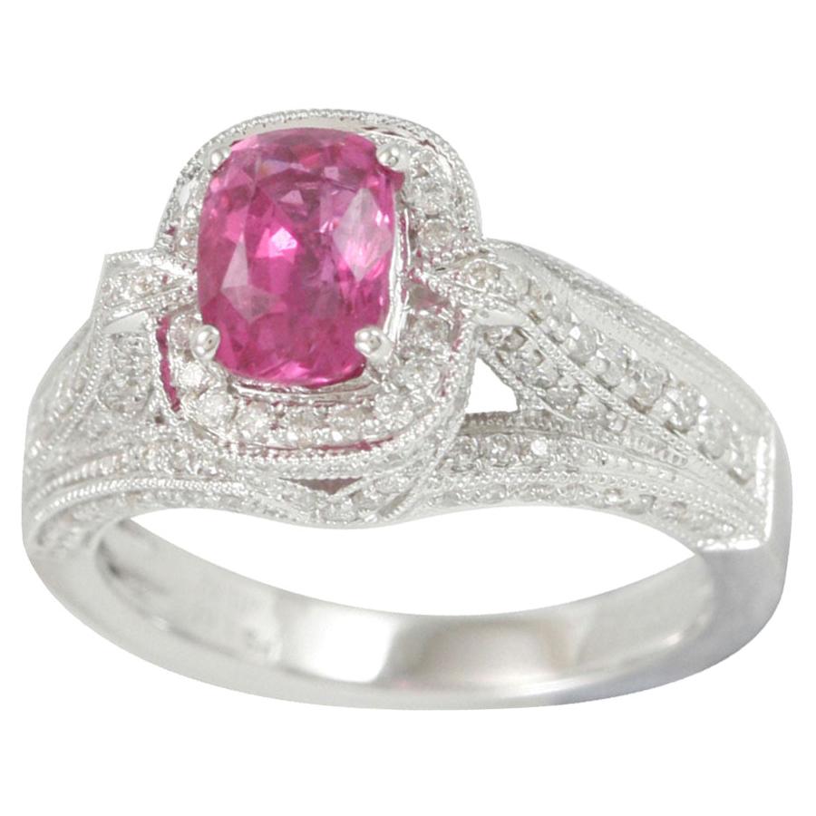 Suzy Levian 14 Karat White Gold Pink Sapphire and Diamond Ring For Sale