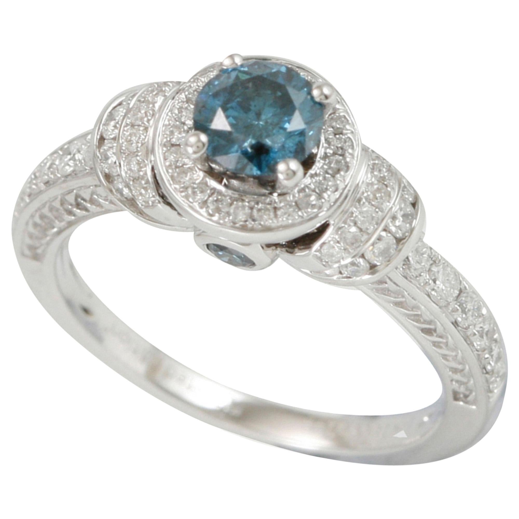 Suzy Levian 14 Karat White Gold Round Blue White Diamond Halo Engagement Ring