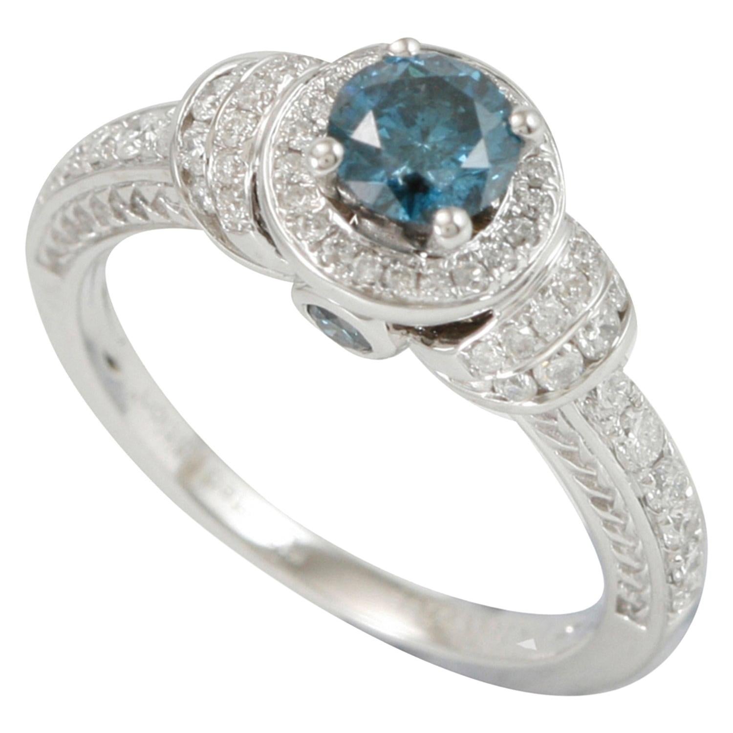 Suzy Levian 14 Karat White Gold Round Blue White Diamond Halo Engagement Ring