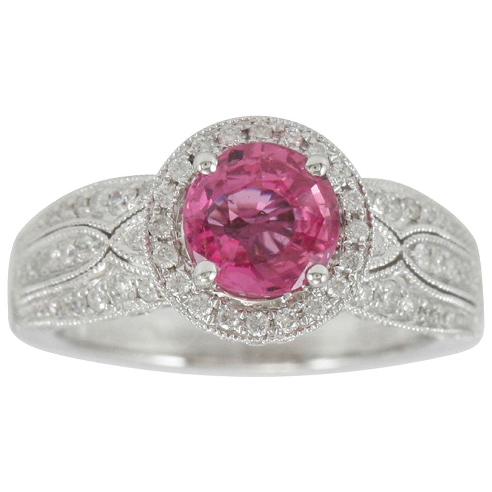 Suzy Levian 14 Karat White Gold Round Pink Ceylon Sapphire and Diamond Ring