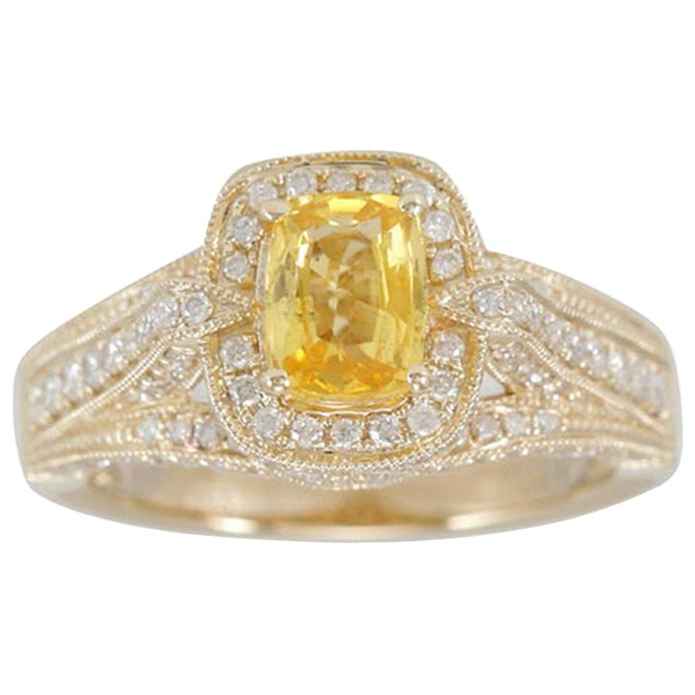 Suzy Levian 14 Karat Yellow Gold Cushion-Cut Yellow Sapphire and Diamond Ring