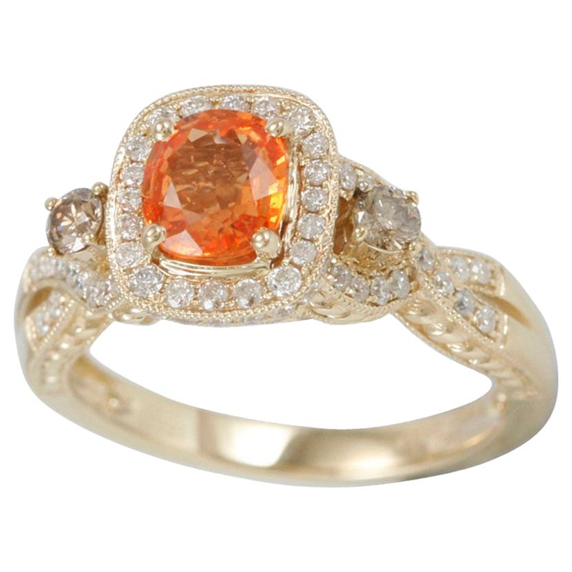 Suzy Levian 14 Karat Yellow Gold Natural Orange Sapphire and Diamond Ring For Sale