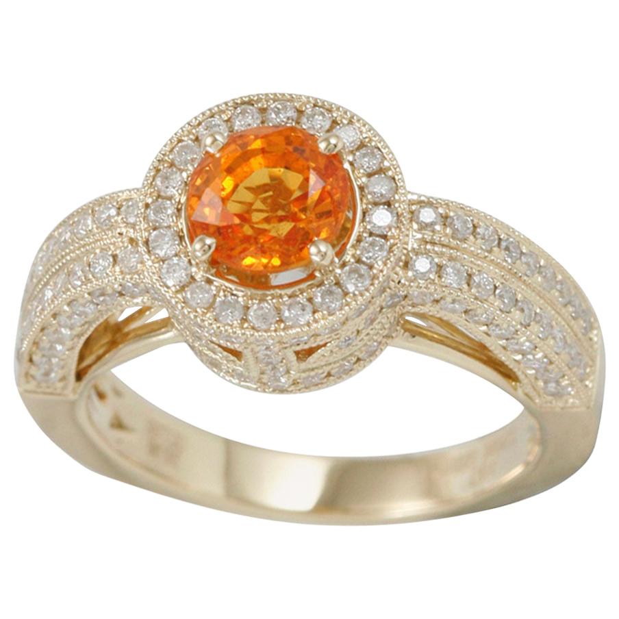 Suzy Levian 14 Karat Yellow Gold Orange Sapphire and Diamond Ring For Sale