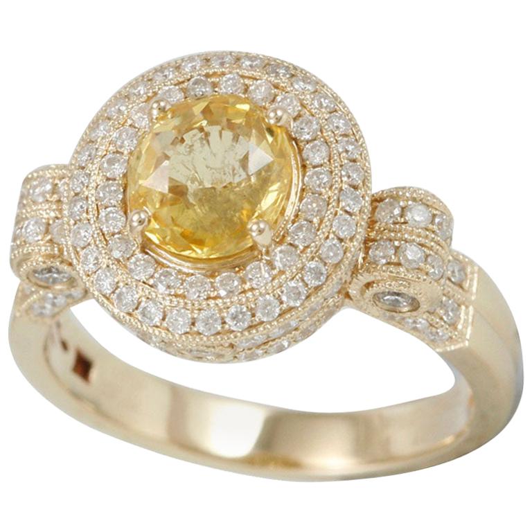 Suzy Levian 14 Karat Yellow Gold Round Yellow Sapphire and Diamond Ring For Sale