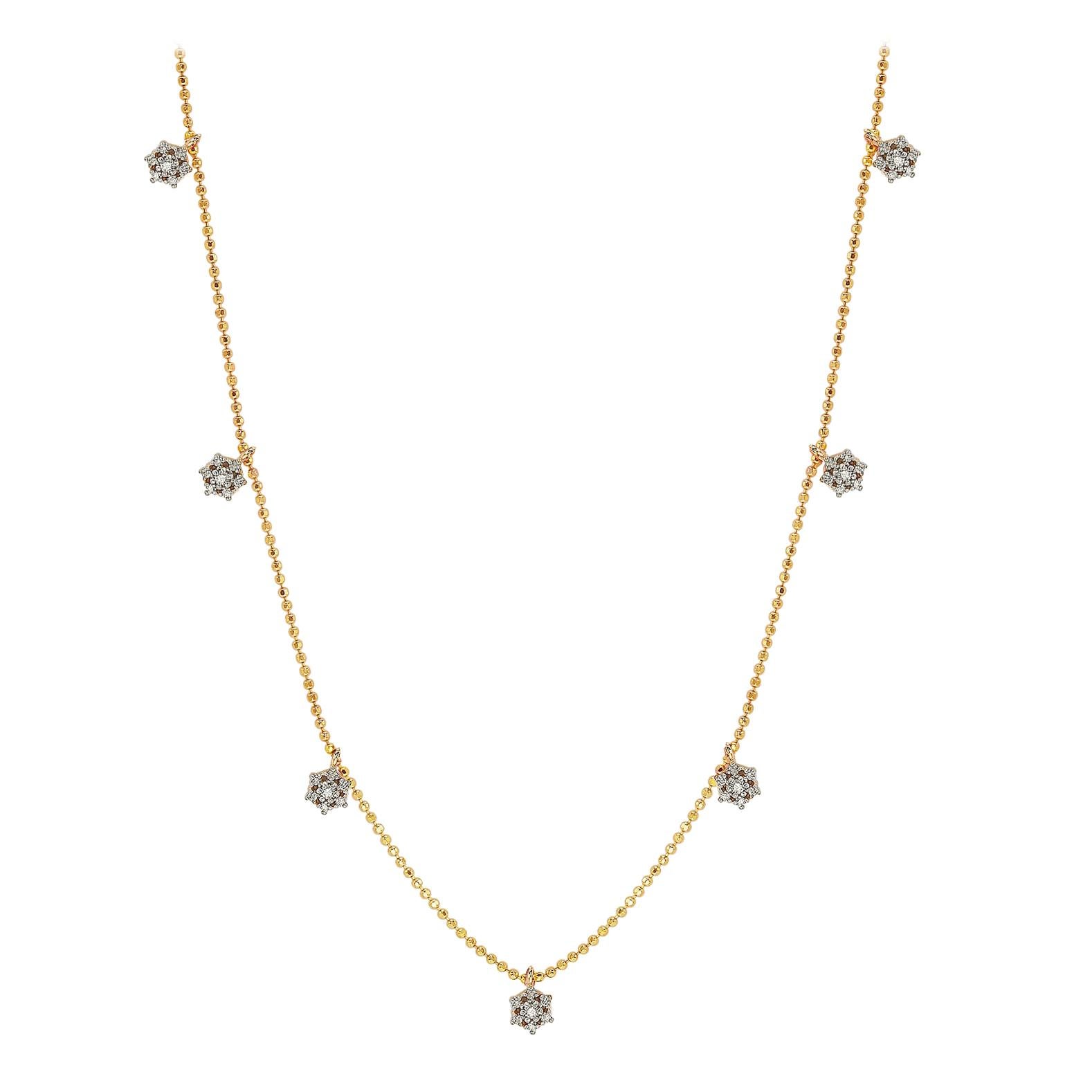 Suzy Levian 14 Karat Yellow Gold White Diamond Flower Station Necklace For Sale