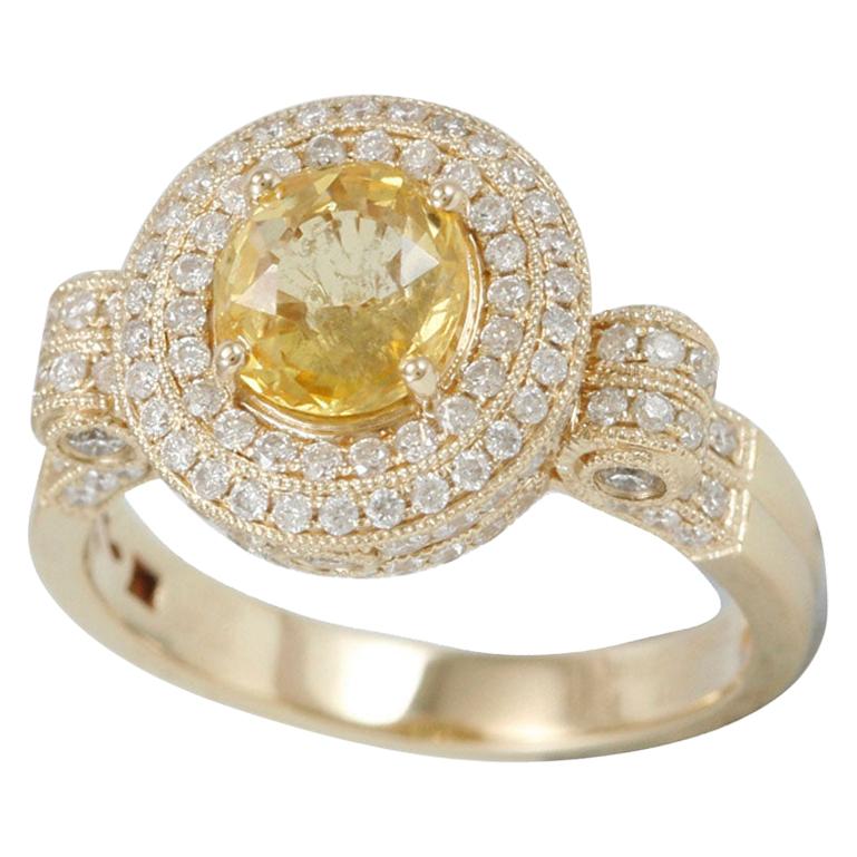 Suzy Levian 14 Karat Yellow Gold Yellow Oval Sapphire and Diamond Ring For Sale