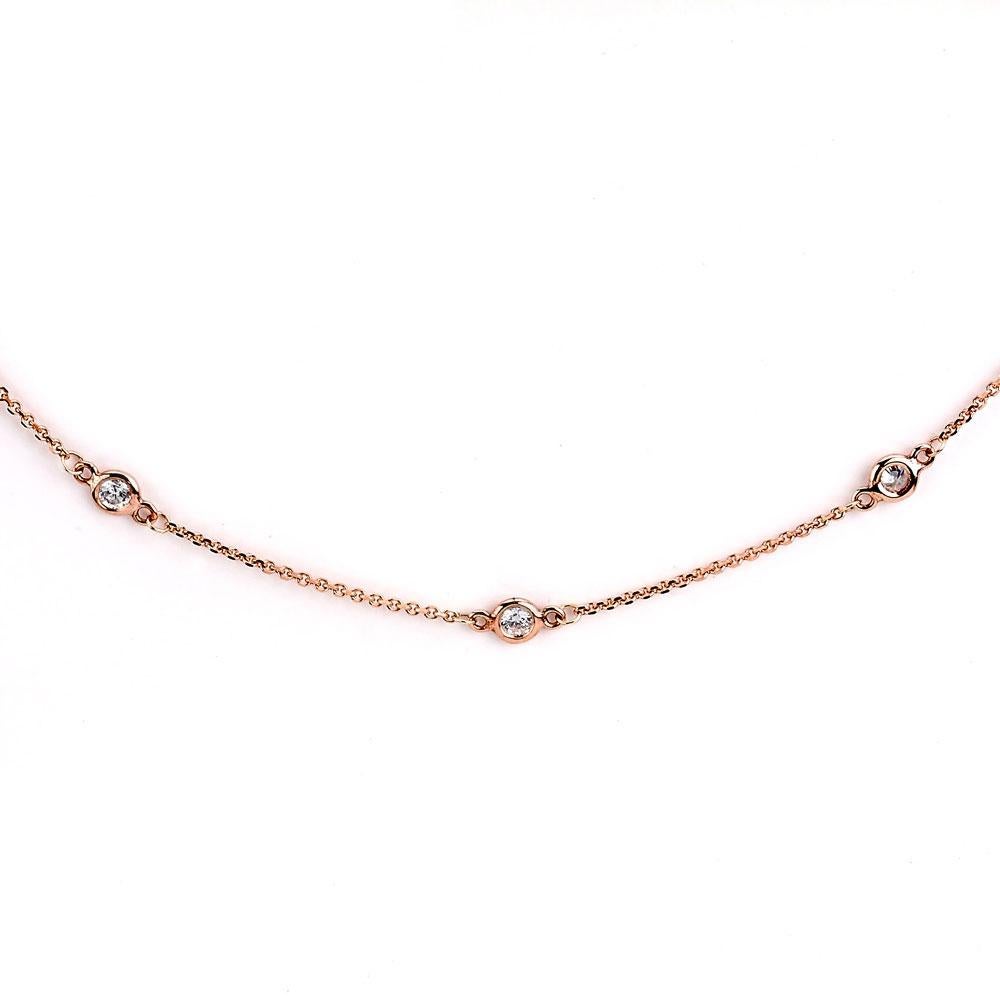 This elegant bracelet features a five round-cut diamonds on a thin 14 karat rose gold chain. A high polish finish completes the look.

White Diamonds
Diamonds: Five
Diamond cut: Round
Diamond weight: 3/4 carats
Color: G-H
Clarity: SI1-SI2
Setting: