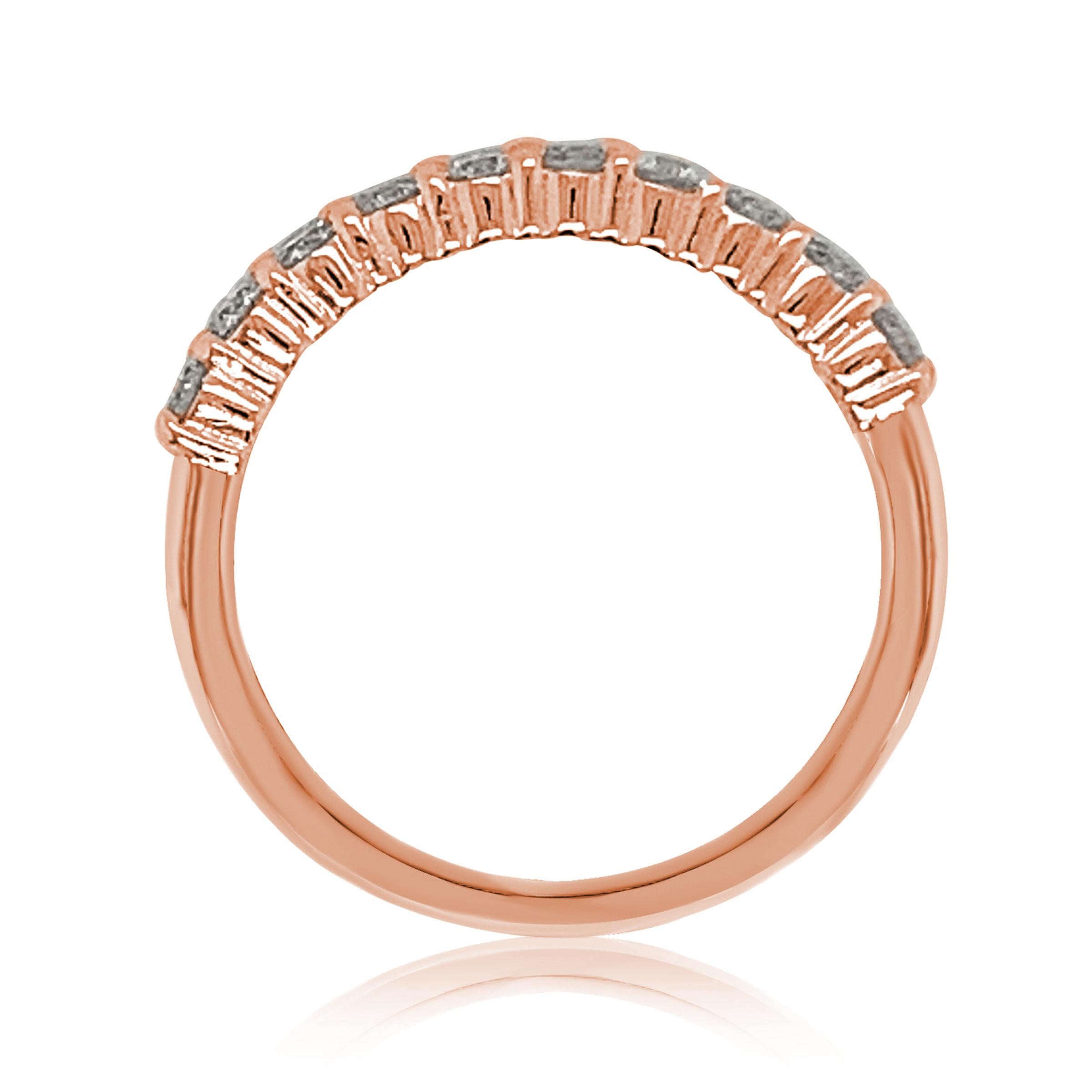 This elegant Suzy Levian diamond half eternity band features a total of ten round cut diamonds (G-H, S1-S2). The diamonds sparkle along half the eternity band, for a sparkle you can't miss with a comfort fit. Designed by Suzy Levian , this 14k rose