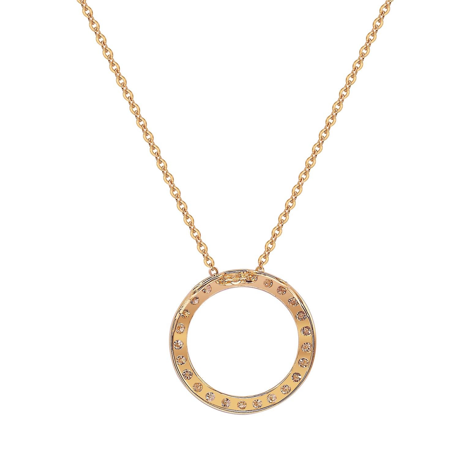 An open circle pendant displays round-cut diamonds on 14 karat rose gold setting, on this stunning necklace. This beautiful circle pendant contains 25 white round cut diamonds totaling .50 cttw. The necklace is 18 mm in size, perfect to wear alone