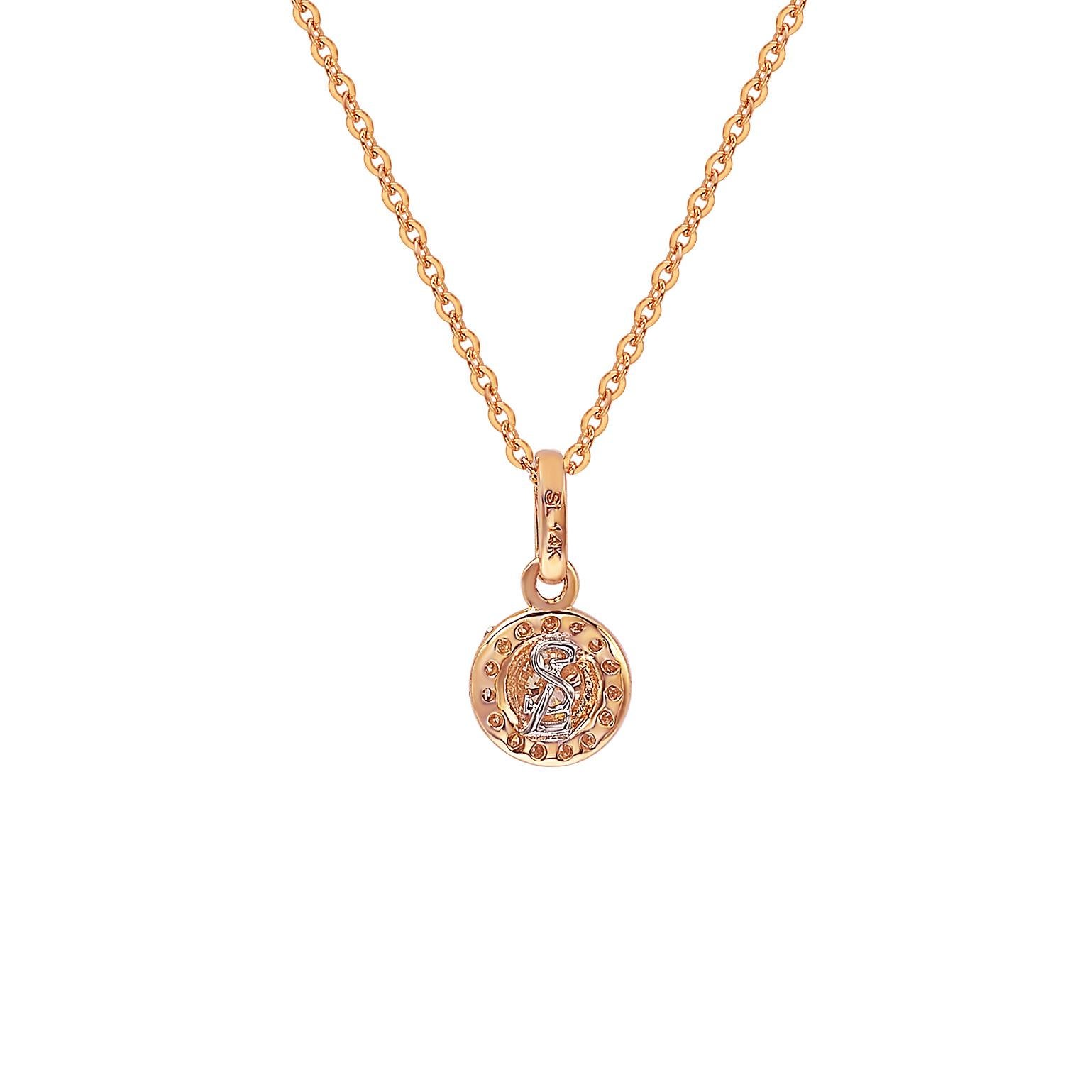 This elegant Suzy Levian diamond halo pendant displays round-cut diamonds on 14 karat rose gold setting. This gorgeous pendant contains 20 white round cut diamonds totaling .35 cttw. The larger center stone is 4 mm in size and has a halo of 1 mm